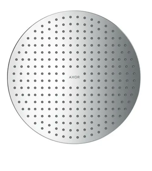 Kreisförmige Kopfbrause aus Chrom mit zahlreichen Wasseröffnungen, gekennzeichnet mit der Marke AXOR.